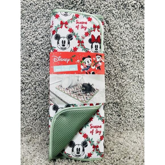 2 Pk Disney Mickey Minnie Dish Drying Mats 16" x 18" Christmas Wreath Holiday - Picture 5 of 8